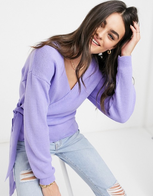 Glamorous v neck wrap knitted jumper in lavender