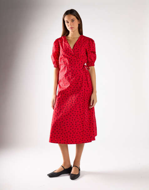 Glamorous V-neck wrap midi-dress in red ditsy - view 1