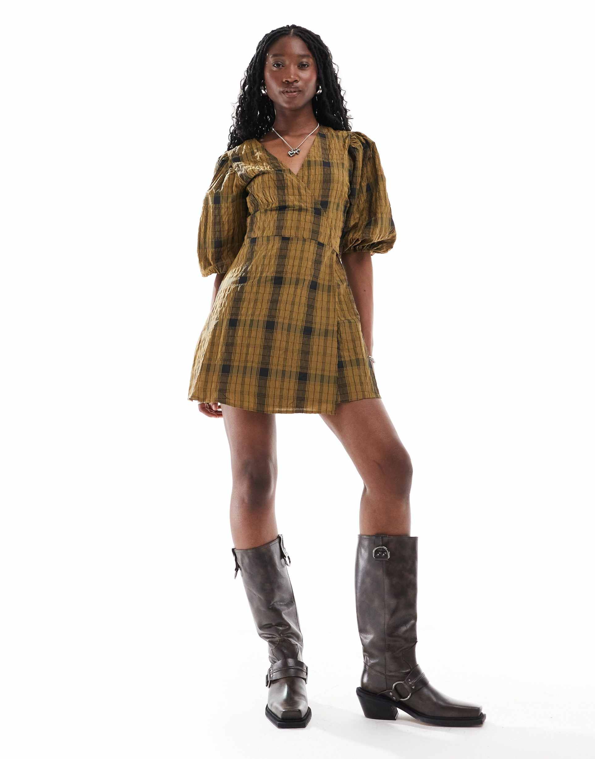glamorous v-neck wrap mini smock dress in orange check