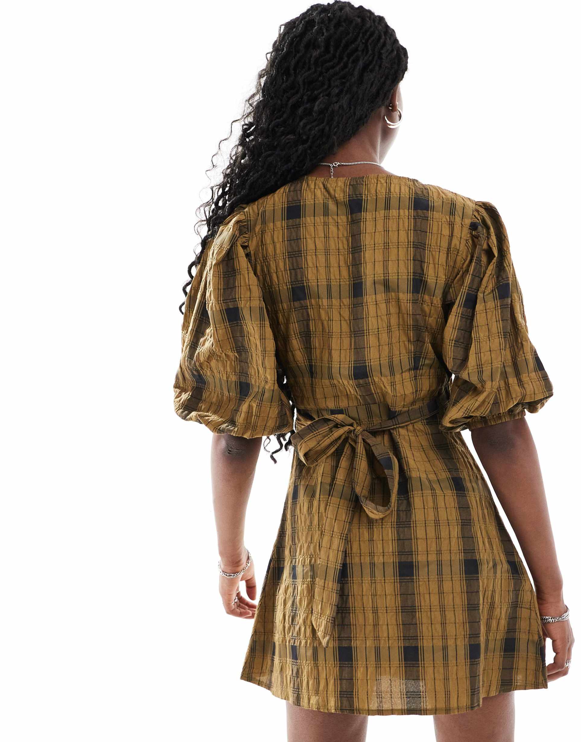 glamorous v-neck wrap mini smock dress in orange check