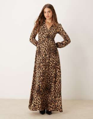 v neck wrap style long sleeve maxi dress in leopard print-Multi