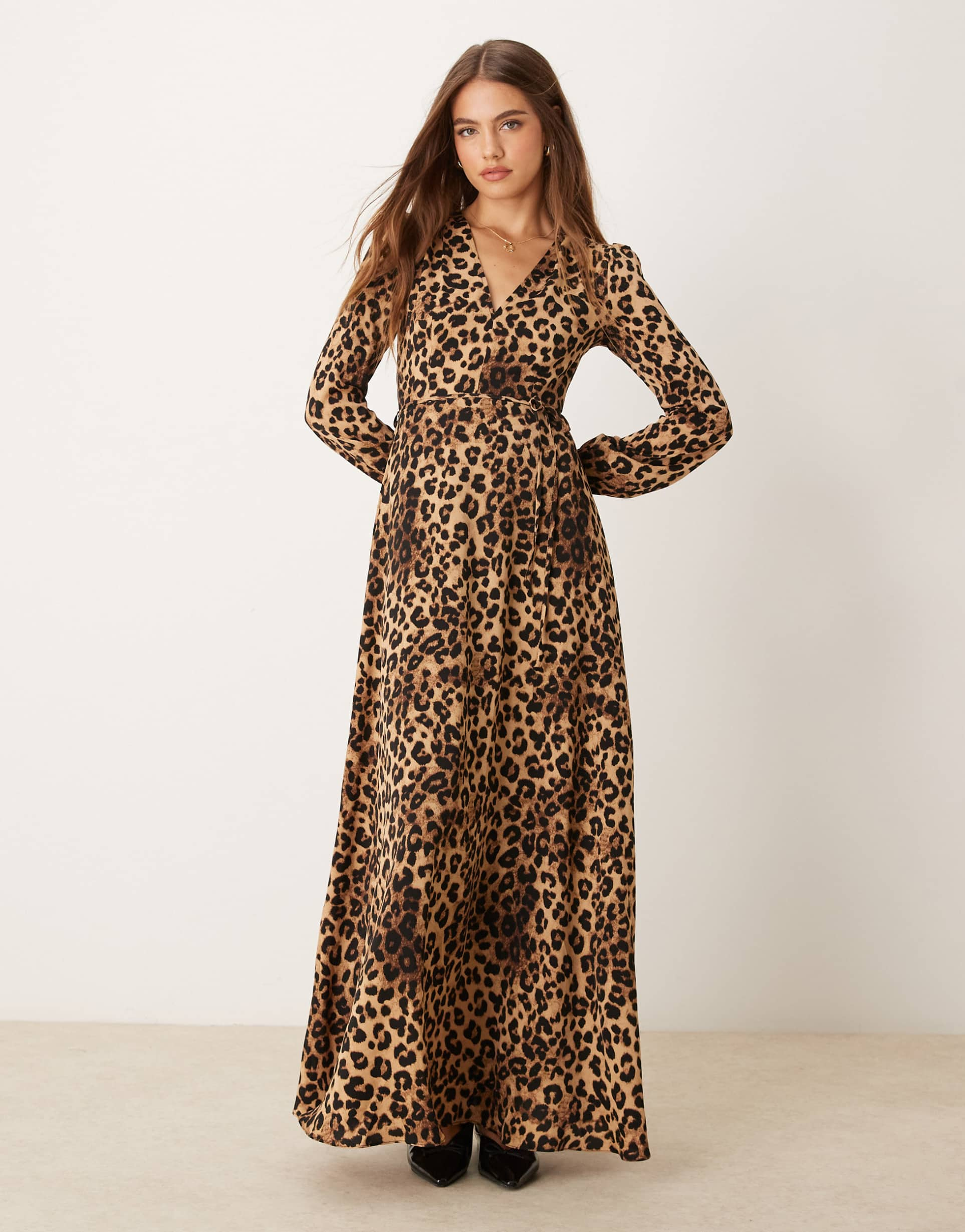 glamorous v neck wrap style long sleeve maxi dress in leopard print