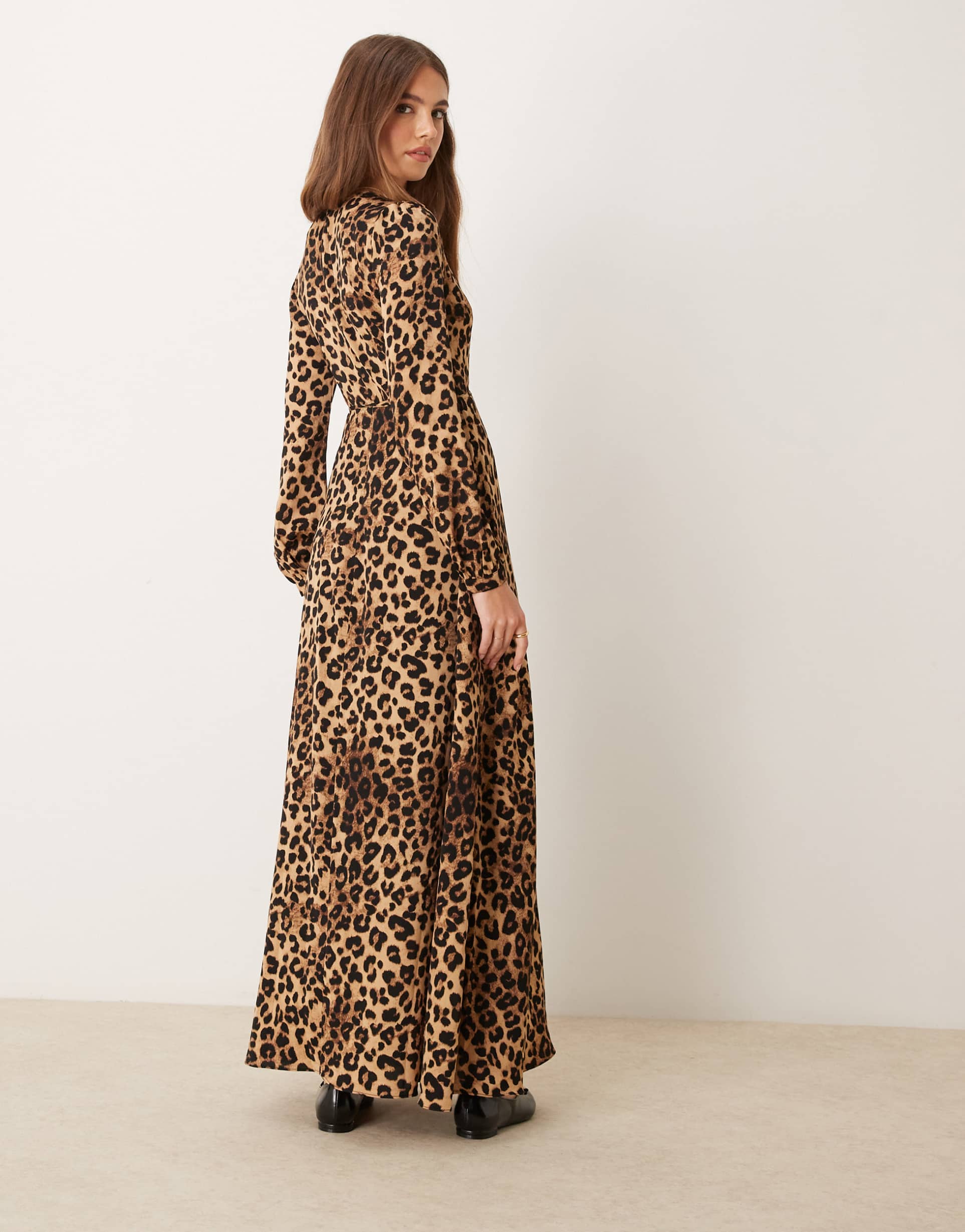 glamorous v neck wrap style long sleeve maxi dress in leopard print
