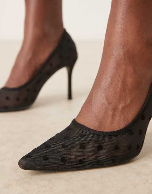 Glamorous Valentines mesh heeled pumps with hearts in black, 3 of 4