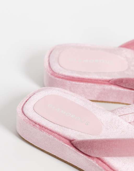 Glamorous velvet flip flops in pink, 4 of 4