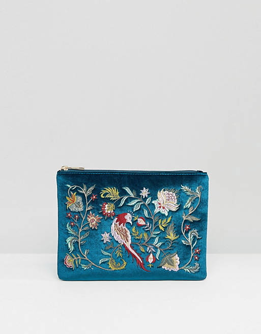 Glamorous Velvet Zip Top Clutch With Embroidery in Teal