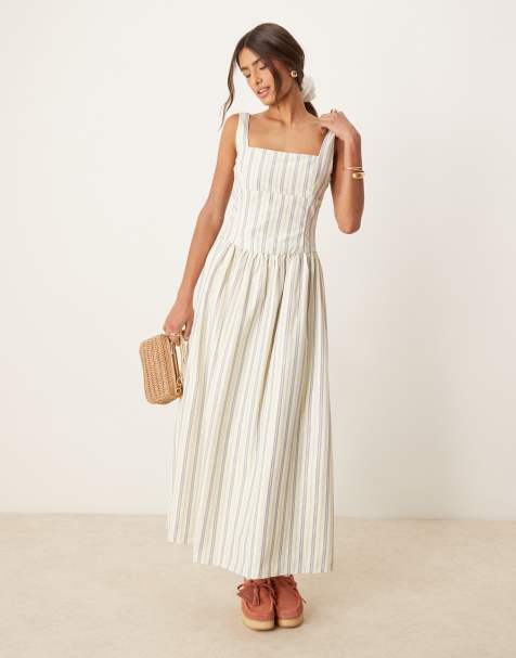 Glamorous - Vestito al polpaccio bianco a righe con vita scesa e scollo squadrato - view 1