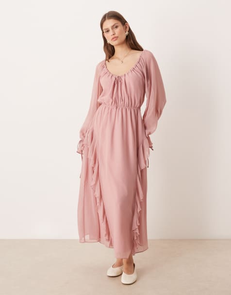 Glamorous - Vestito al polpaccio in chiffon color rosa cipria con volant stile bohémien - view 1