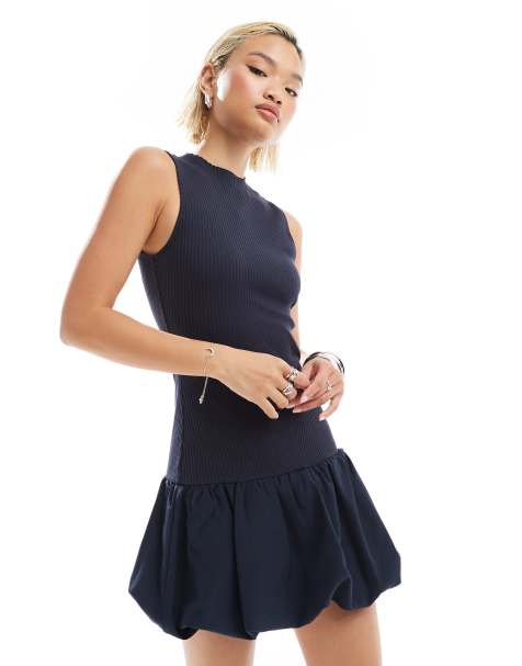 Glamorous - Vestito corto accollato in maglia blu navy con fondo a palloncino - view 1