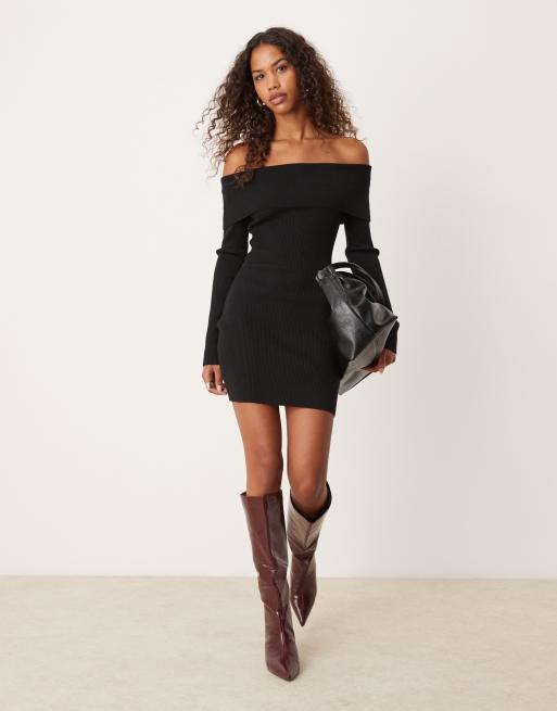 Glamorous - Vestito corto in maglia nero con spalle scoperte