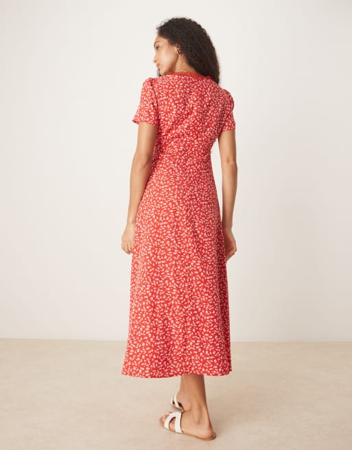 Glamorous - Vestito da giorno midi rosso a fiorellini con scollo a V e finiture in pizzo, 3 di 4