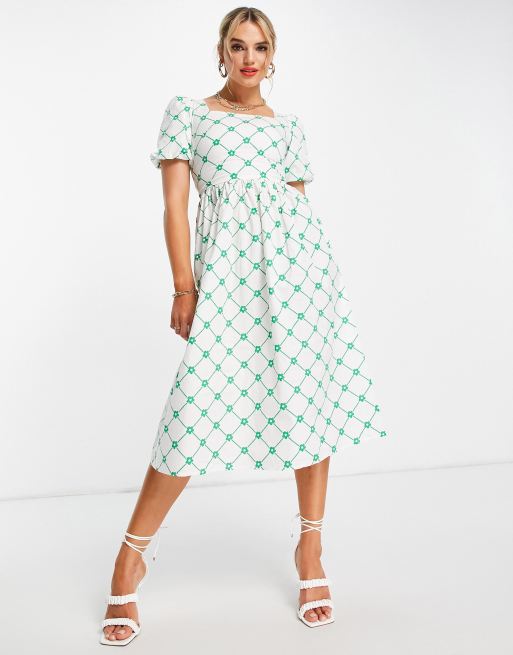 Glamorous - Vestito grembiule midi con scollo squadrato verde a quadri e a fiori, 2 di 4