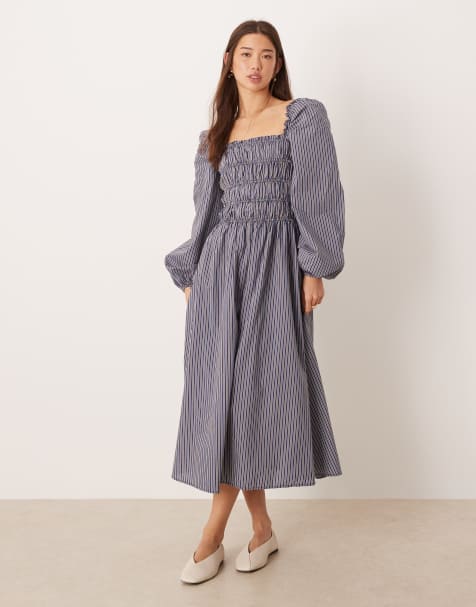 Glamorous - Vestito lungo a maniche lunghe a righe color marrone e blu navy con arricciature - view 1