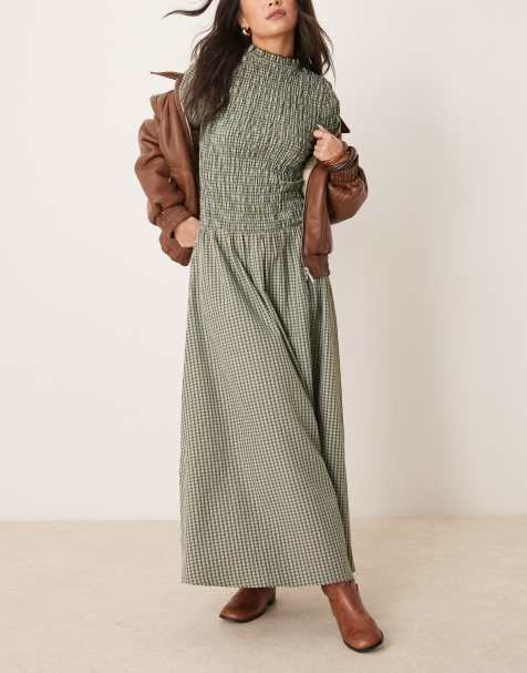 Glamorous - Vestito lungo a maniche lunghe arricciato verde e blu a quadri - view 1