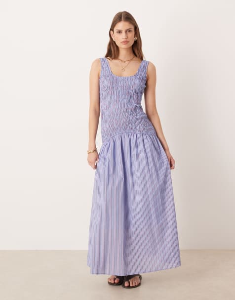 Glamorous - Vestito lungo con arricciature e vita scesa rosso e blu a righe - view 1