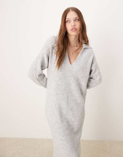 Glamorous - Vestito lungo ed extra largo con scollo a V in maglia grigio mélange - view 1