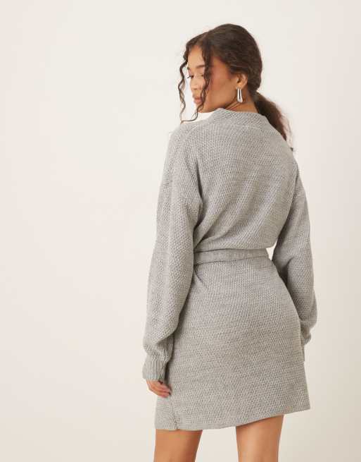Glamorous - Vestito maglia corto grigio allacciato in vita a coste, 3 di 4