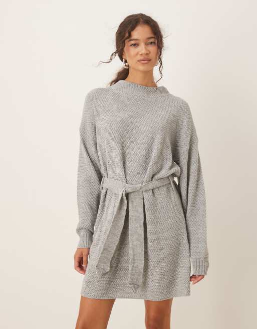 Glamorous - Vestito maglia corto grigio allacciato in vita a coste, 4 di 4