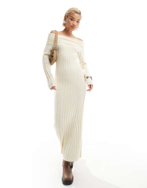 Glamorous - Vestito maglia lungo fasciante color crema con spalle scoperte - view 1