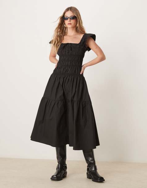 Glamorous - Vestito midi a maniche corte in popeline arricciato nero - view 1