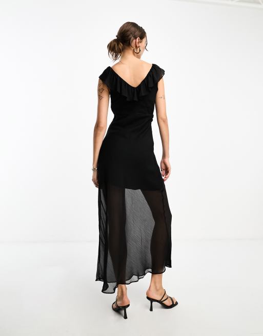 Glamorous - Vestito midi nero con strato sovrapposto trasparente, scollo a V e volant, 2 di 4