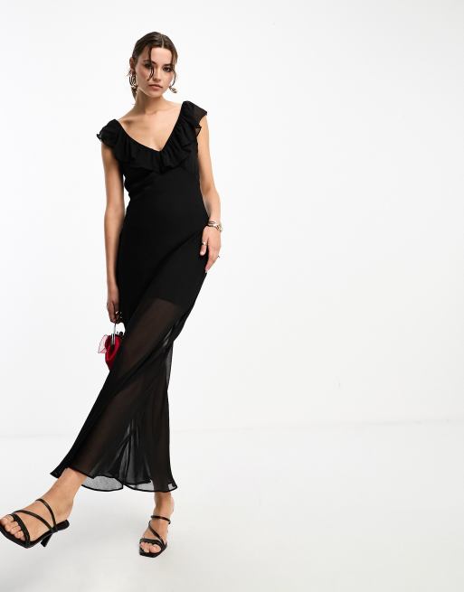 Glamorous - Vestito midi nero con strato sovrapposto trasparente, scollo a V e volant, 4 di 4