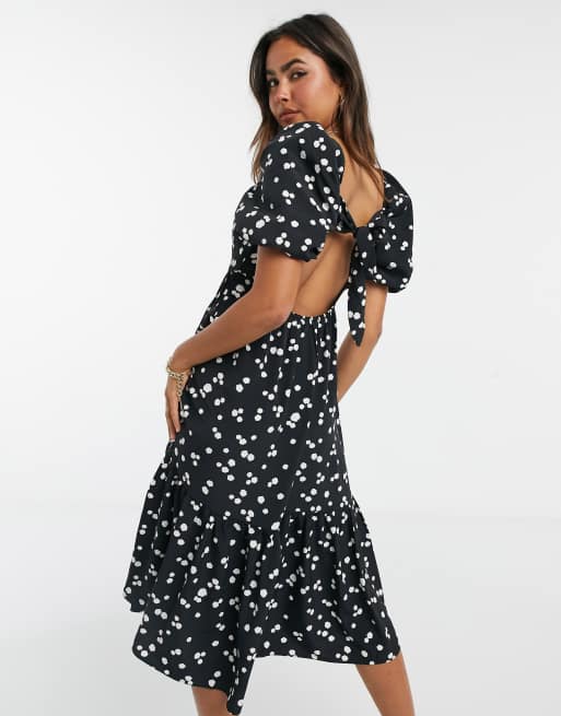 Glamorous - Vestito midi nero stile milkmaid con orlo a pieghe e pois bianchi, 2 di 4