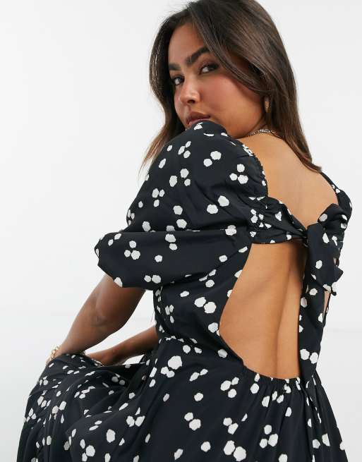 Glamorous - Vestito midi nero stile milkmaid con orlo a pieghe e pois bianchi, 3 di 4