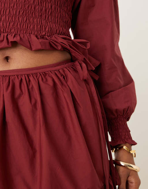 Glamorous – Vinröd midaxikjol i poplin med knytband, del av set, 2 av 5
