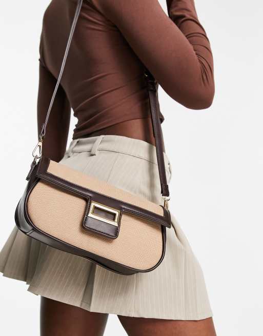 Glamorous vintage style panelled shoulder bag in brown and beige