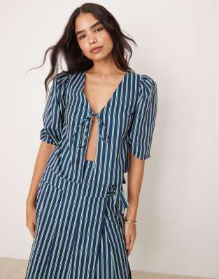 Glamorous Glamorous volume sleeve blouse with tie front in green stripe co-ord-Multi