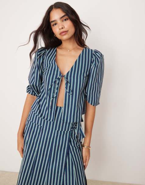 Glamorous volume sleeve blouse with tie front in green stripe co-ord - view 1