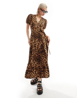 Glamorous Volume Wrap Dress In Leopard-multi