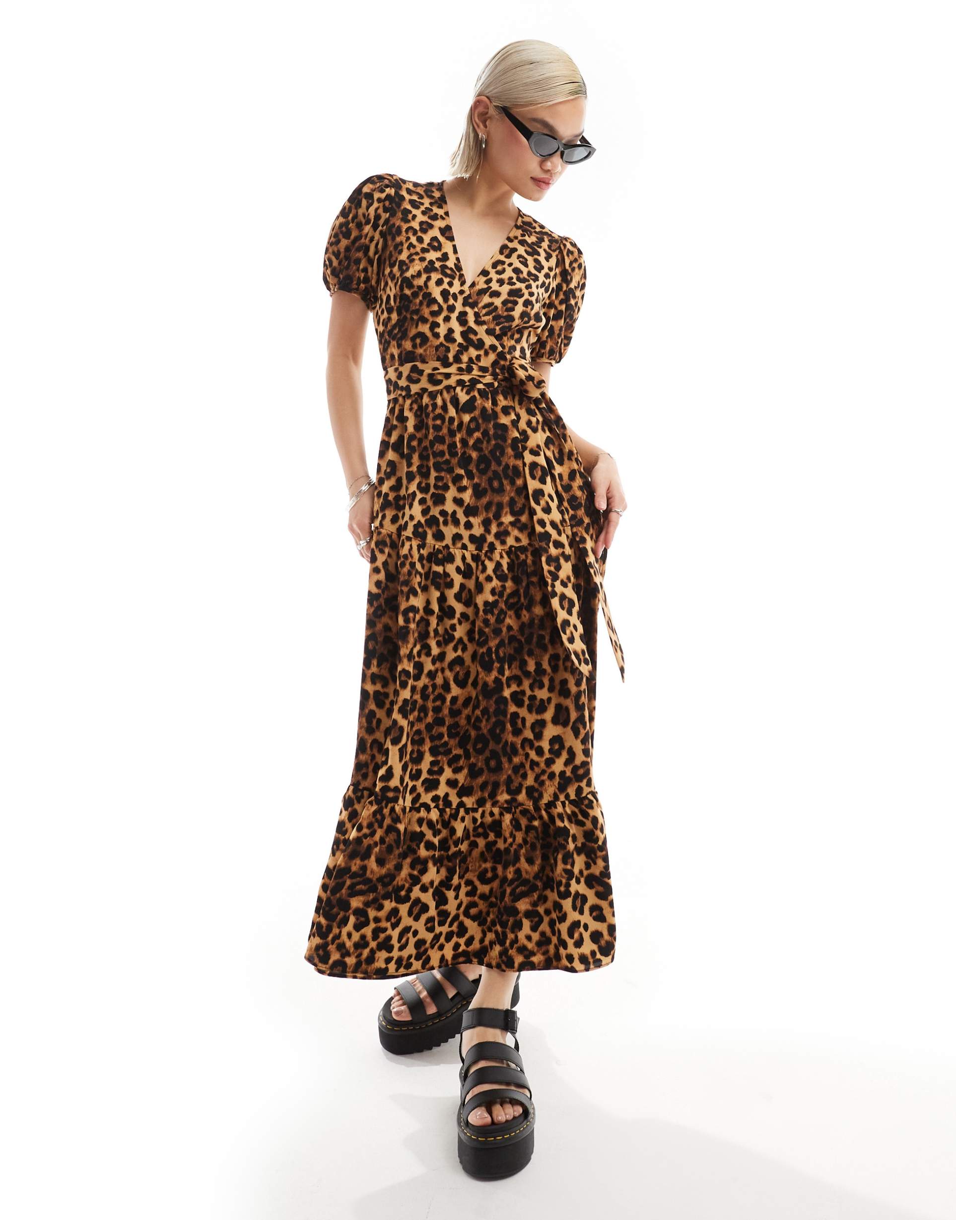 glamorous volume wrap dress in leopard