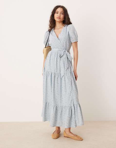 Glamorous volume wrap midi dress in blue ditsy floral - view 1