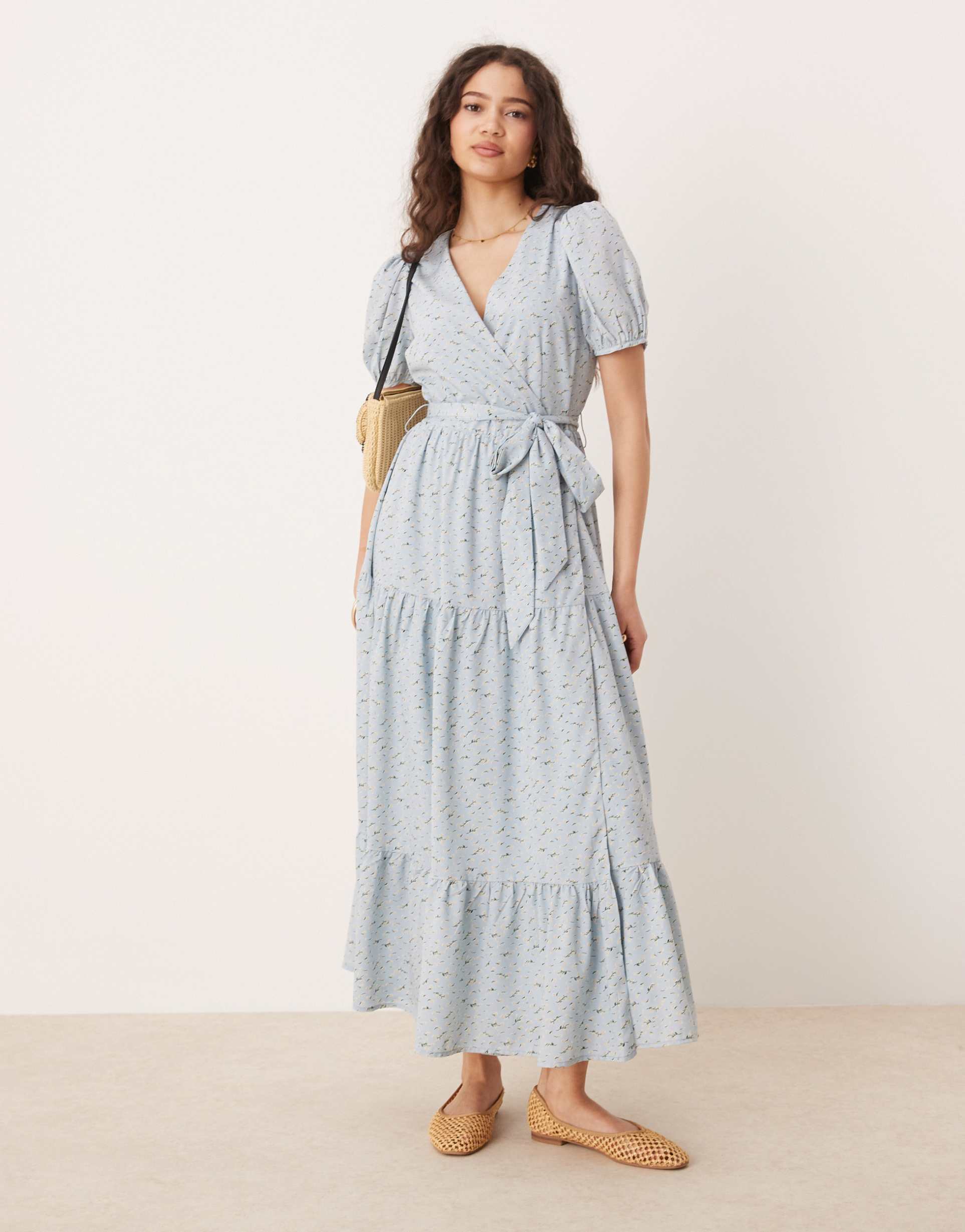 glamorous volume wrap midi dress in blue ditsy floral