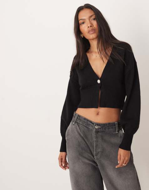 Glamorous Voluminous sleeve cropped cardigan in black
