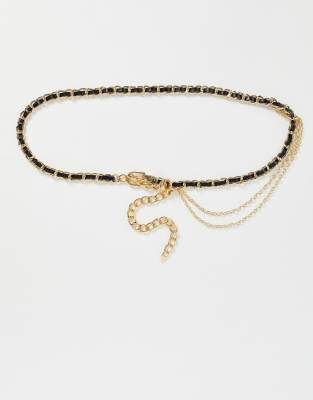 Glamorous Waist And Hip Chain Belt In Woven Black And Gold ModeSens