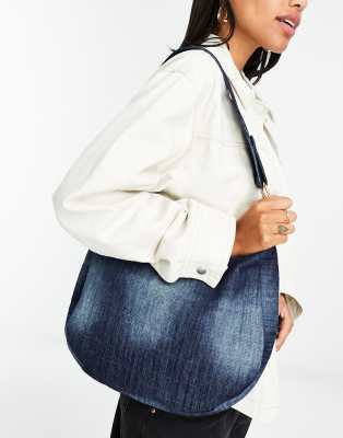 Glamorous Washed Denim Shoulder Crescent Tote Bag In Blue