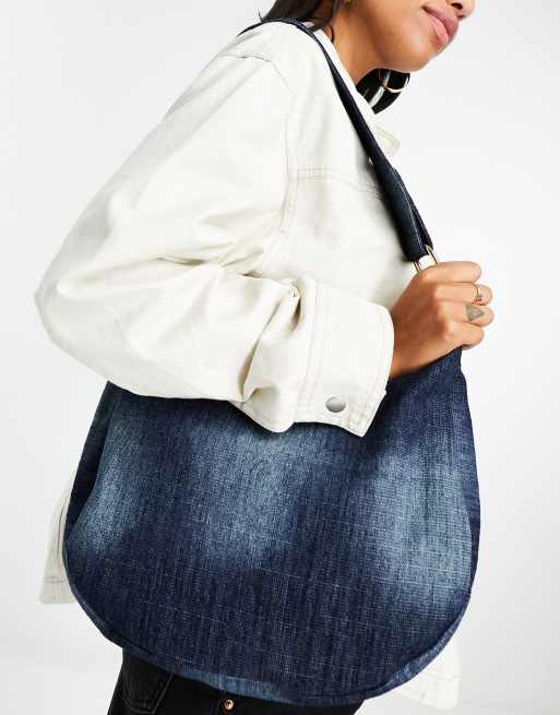 Glamorous washed denim shoulder crescent tote bag in blue | ASOS