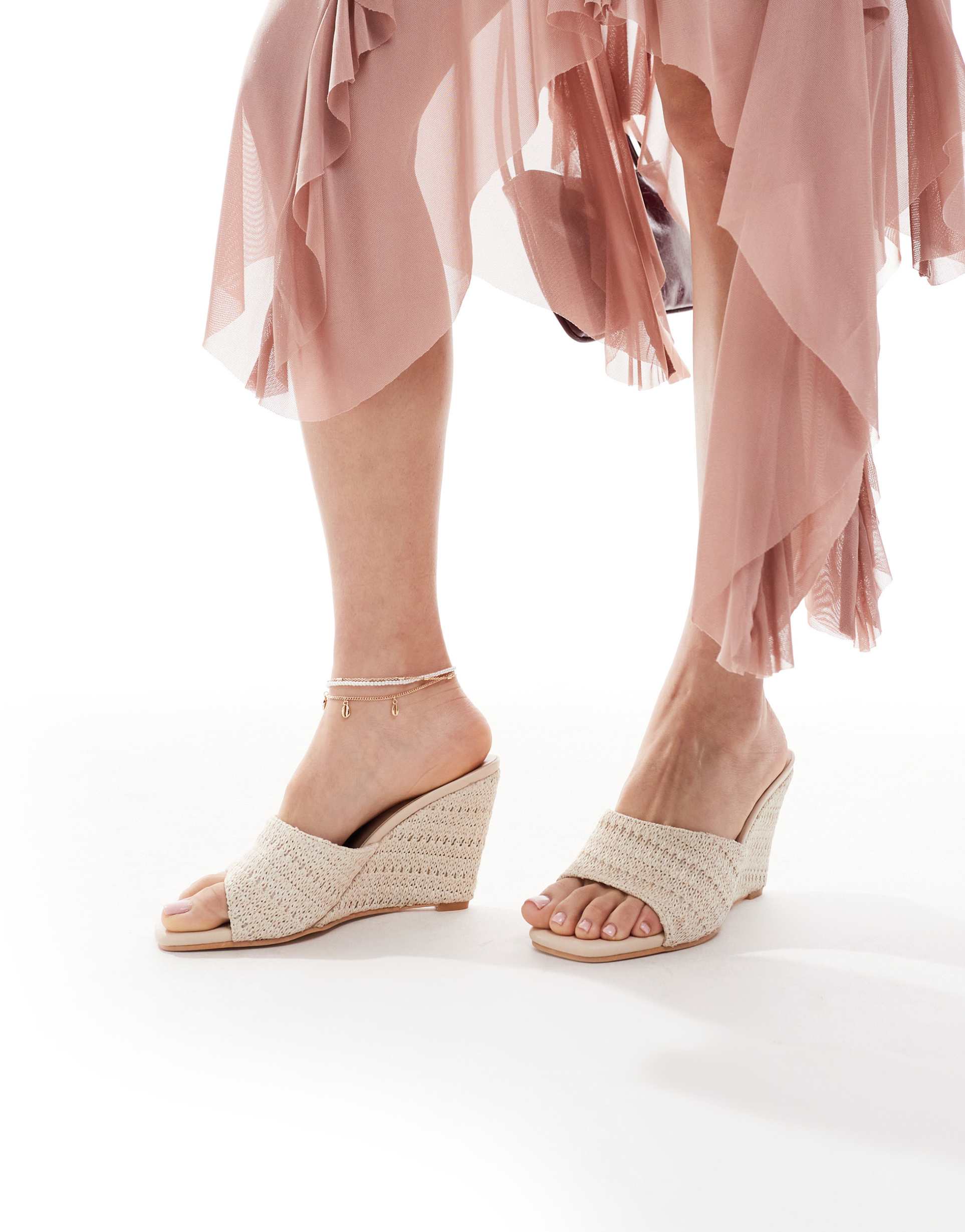 glamorous wedge heeled sandals in cream crochet