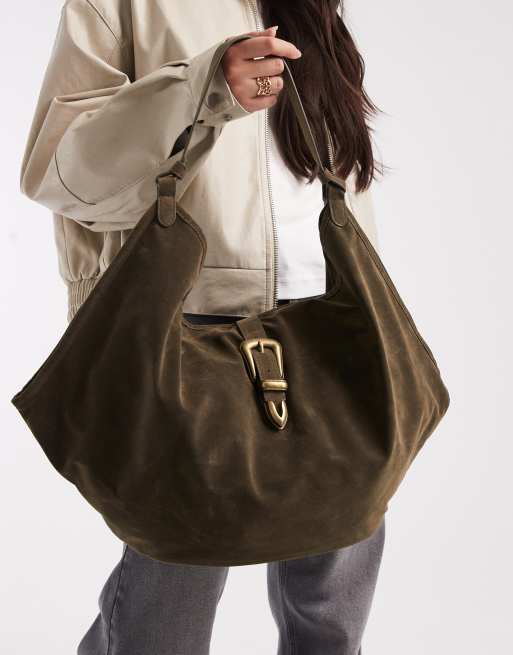 Glamorous – Weiche Schultertasche aus Wildlederimitat in Khakigrün mit Metallschnalle , 3 von 4
