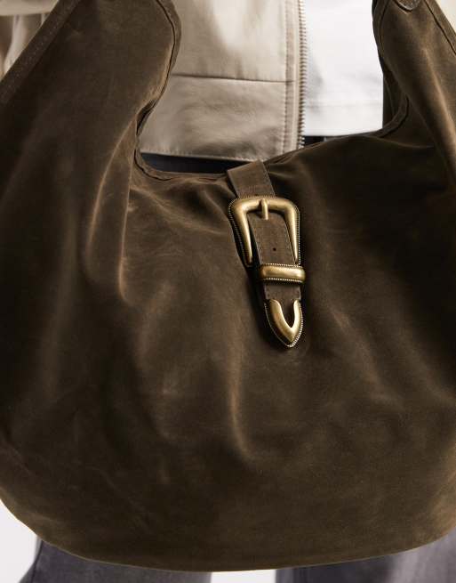 Glamorous – Weiche Schultertasche aus Wildlederimitat in Khakigrün mit Metallschnalle , 4 von 4