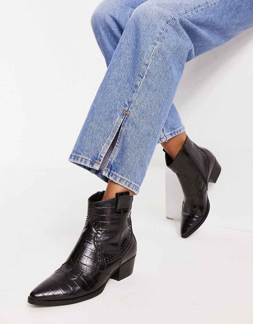 Glamorous Western Ankle Boots In Black Croc
