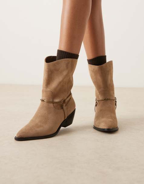 Glamorous - Western enkellaarzen met brede pasvorm en lage hak in taupe micro - view 1