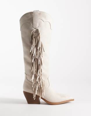 Glamorous western fringe knee boots in cream suedette