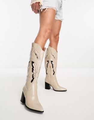 Glamorous western heeled knee boots in cream