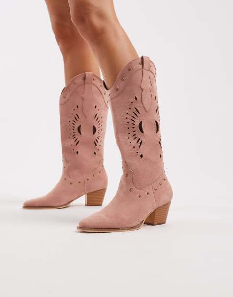 Glamorous western knee boots in baby pink micro - view 1