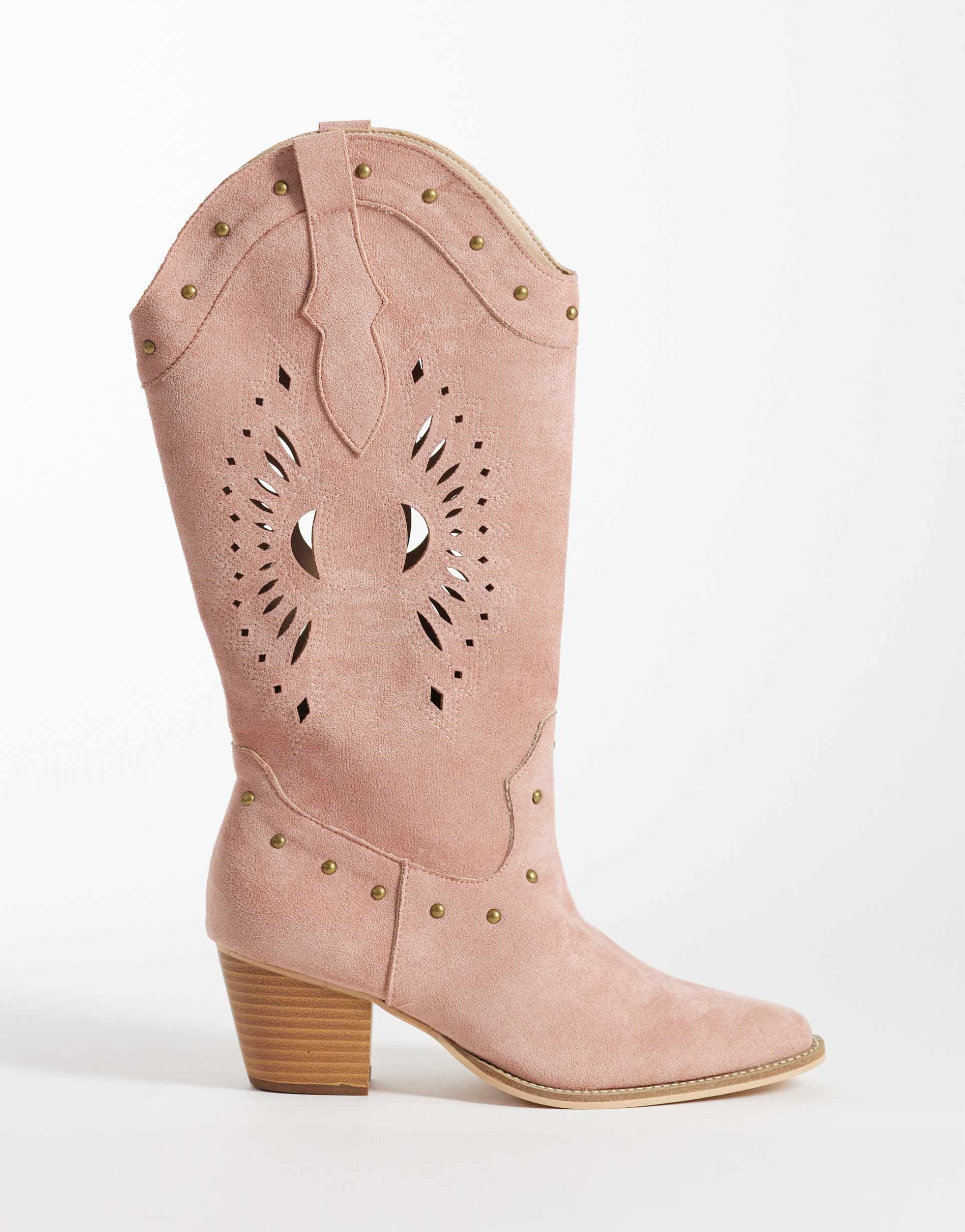 glamorous western knee boots in baby pink micro
