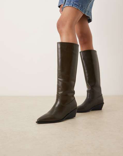 Glamorous western knee boots in khaki - view 1